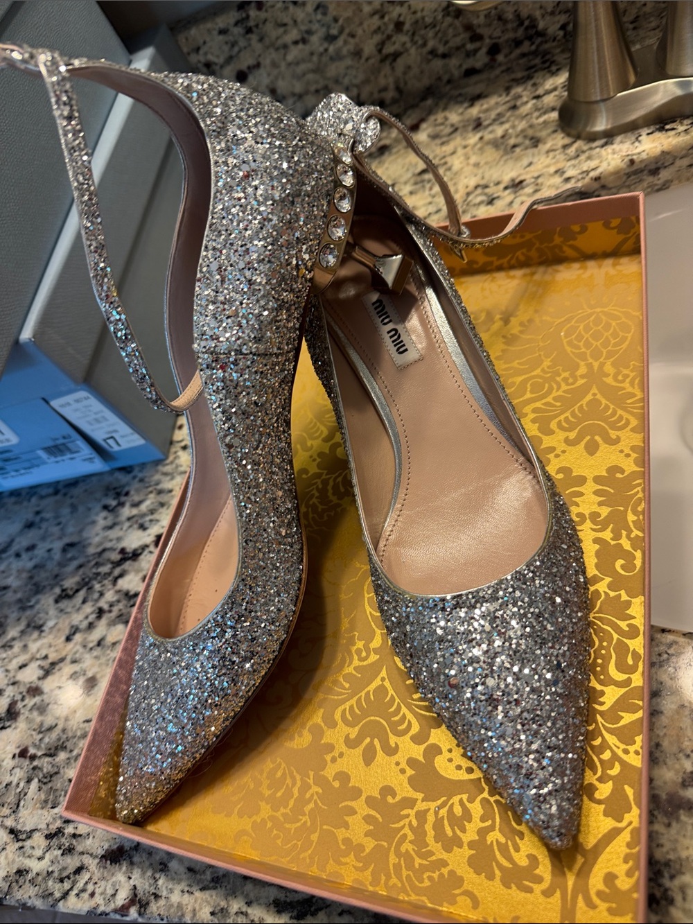 Miu Miu Silver Glitter Pointed Ankle-Strap Pumps with Crystal Embellishment 40.5